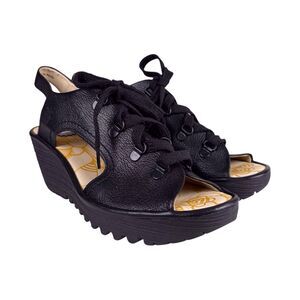 Fly London YLVA Lace Up Wedge Slingback Sandals Black EU 40